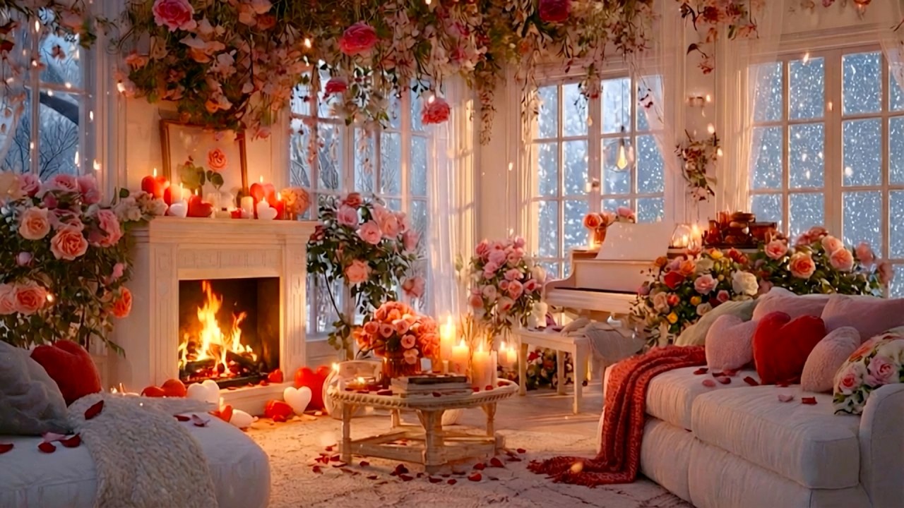 Valentine Cozy Cabin Ambience 💗🔥 Soft Piano + Fireplace for Stress Relief & Sleep