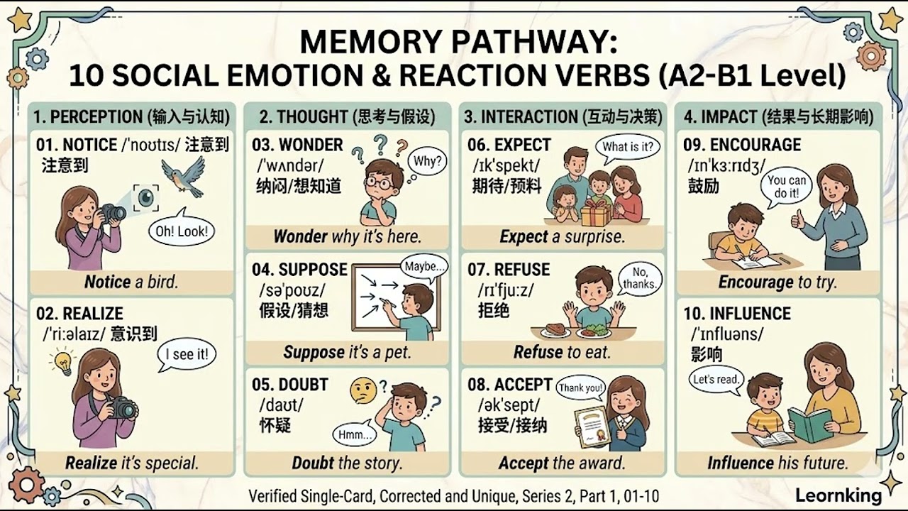 【干货分享】看图记单词：10个必背社交动词 | Learn 10 Essential English Verbs in One Image (A2-B1 Level)