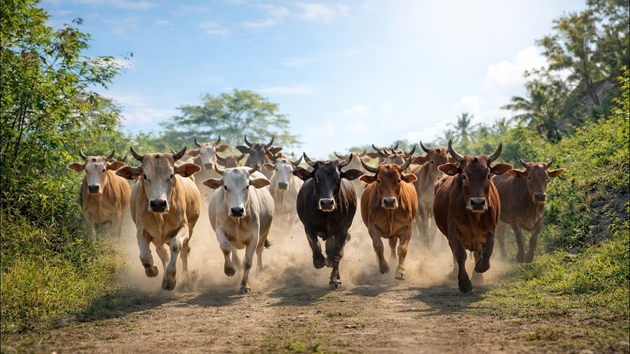 Accompanying a herd of cows running happily down the hill in the morning, the natural atmosphere 
