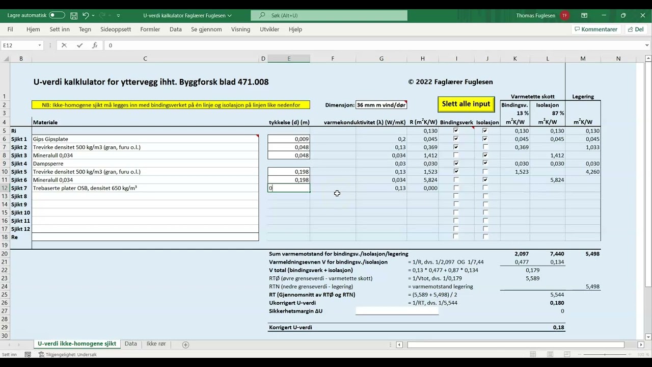 Utregning av U-verdi yttervegg med Excel