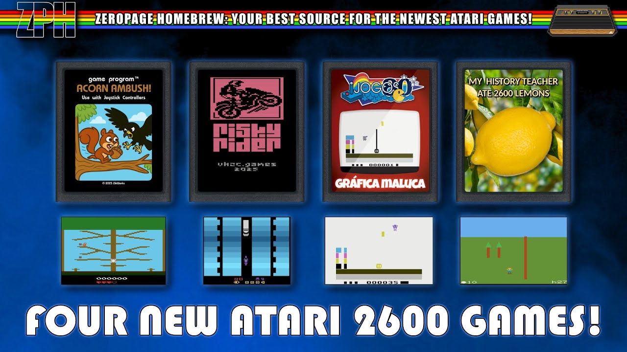 Four New Atari 2600 Games! Acorn Ambush, Risky Rider, Jogo 80, My History Teacher Ate 2600 Lemons!