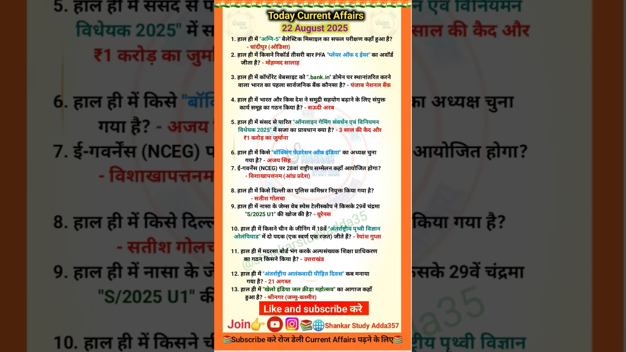 22 August 2025 Current Affairs/Daily Current Affairs/#allexam#important #currentaffairs #byvikramsir