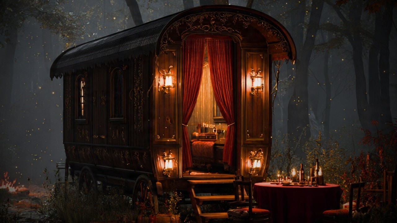 Forest Caravan at Night 🔥 Cozy Campfire Ambience | Dark Academia Forest for Deep Sleep