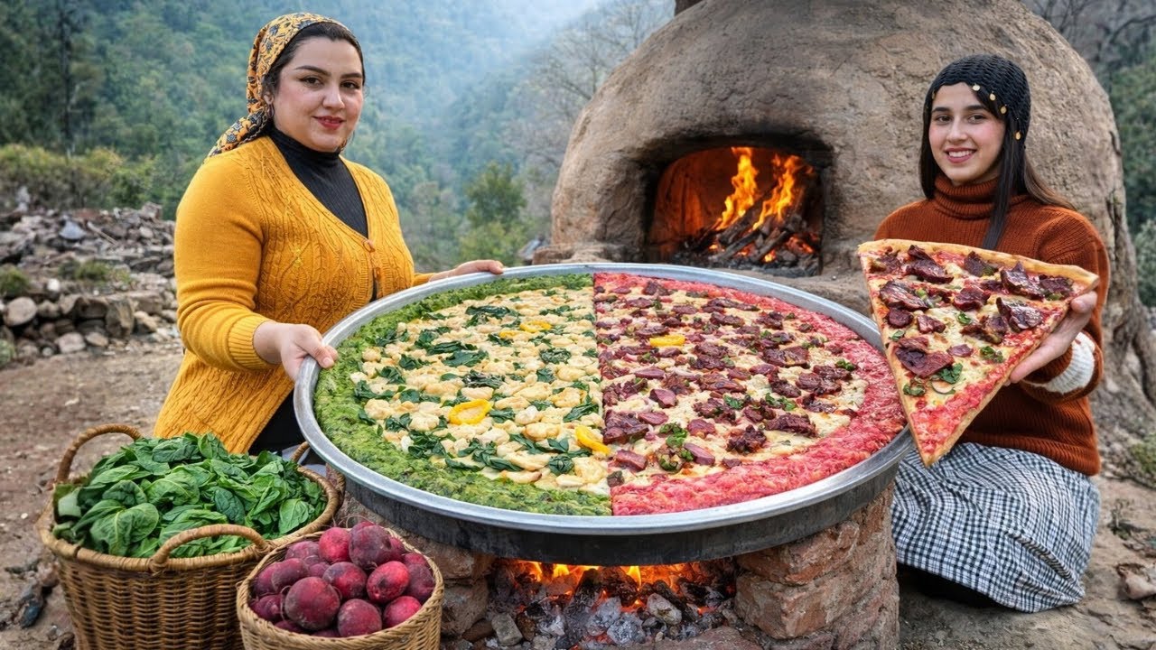 The Biggest Village Pizza Ever 🍕Natural Beet & Spinach Dough with Steak and Chicken