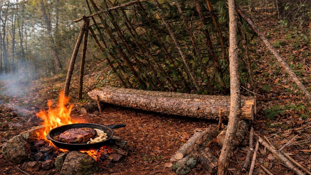 Quiet Bushcraft Camp in the Forest | Shelter, Fire & Steak | ASMR