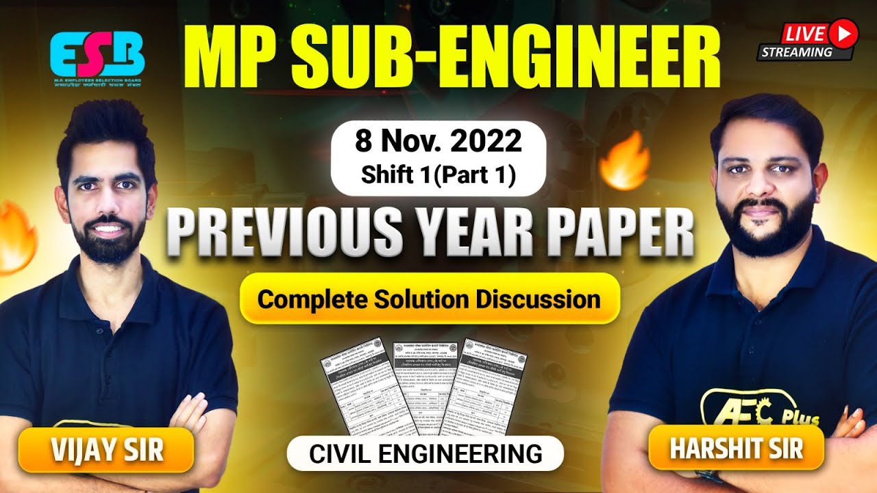 MP Vyapam Sub-Engineer PYQ's Paper Solution | 8 Nov 2022 (Shift 1) - #1 | ESB | Civil Engineering