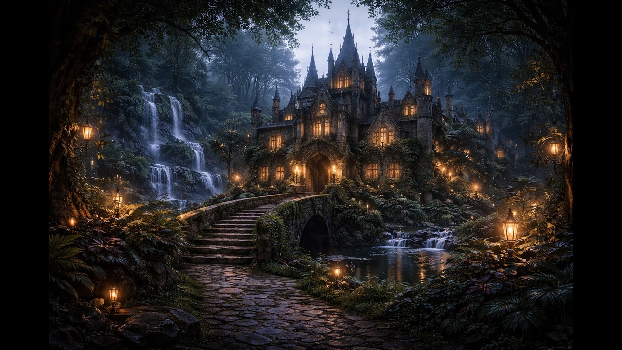 Enchanted Castle Night Ambience 🌙 Waterfalls, Lanterns & Fantasy Music for Studying, Relaxing