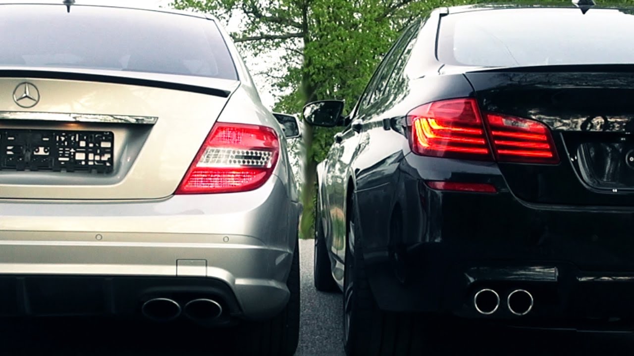 BMW M5 F10 vs Mercedes C63 AMG SOUND BATTLE 6,2l V8 vs 4,4 Biturbo Exhaust REVS revving