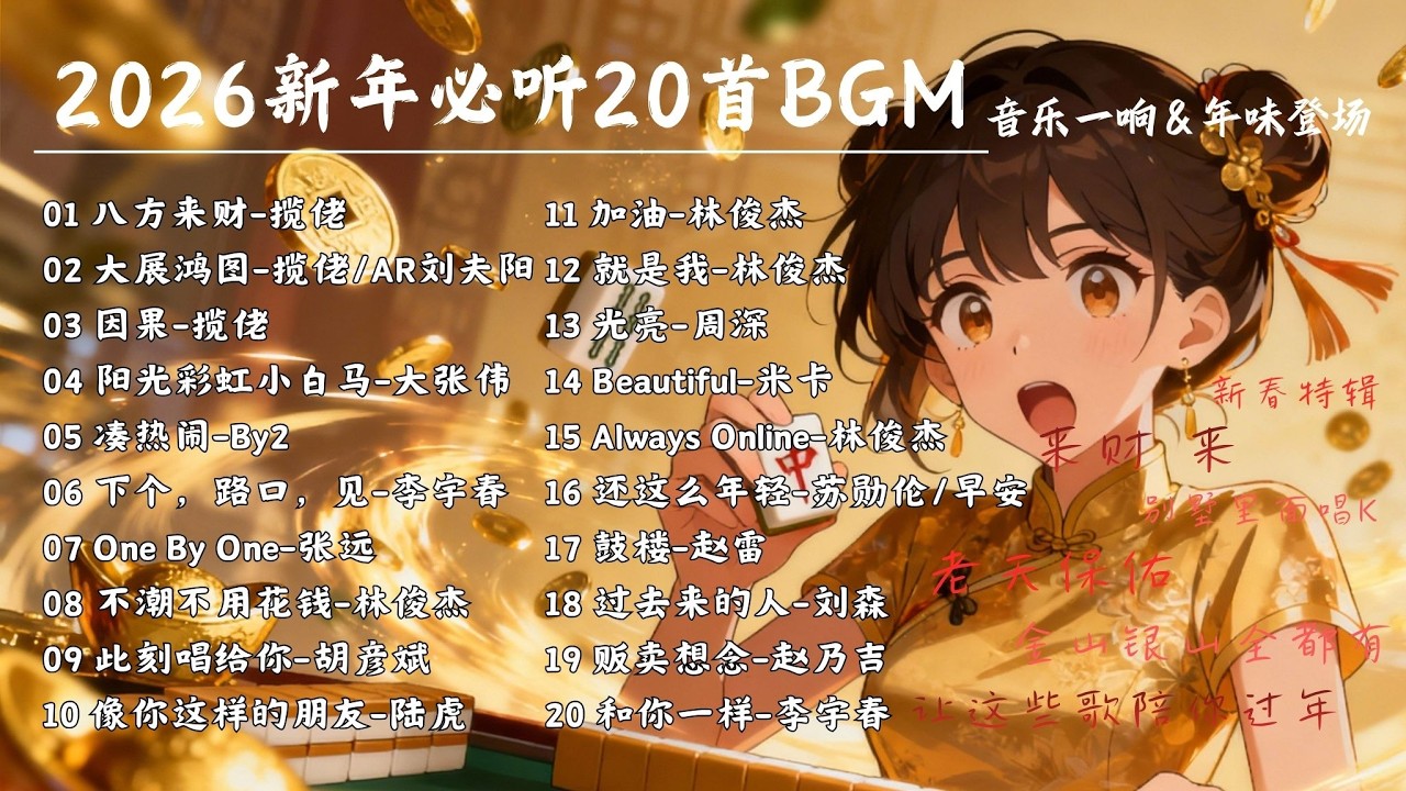 【音樂一響 | 年味登場】2026新年必聽20首BGM🔥從第一秒開始就充滿新年氣氛，就讓這些歌陪你過年吧！#林俊傑 #by2 #攬佬 #胡彥斌 #李宇春【Lyrics Video】