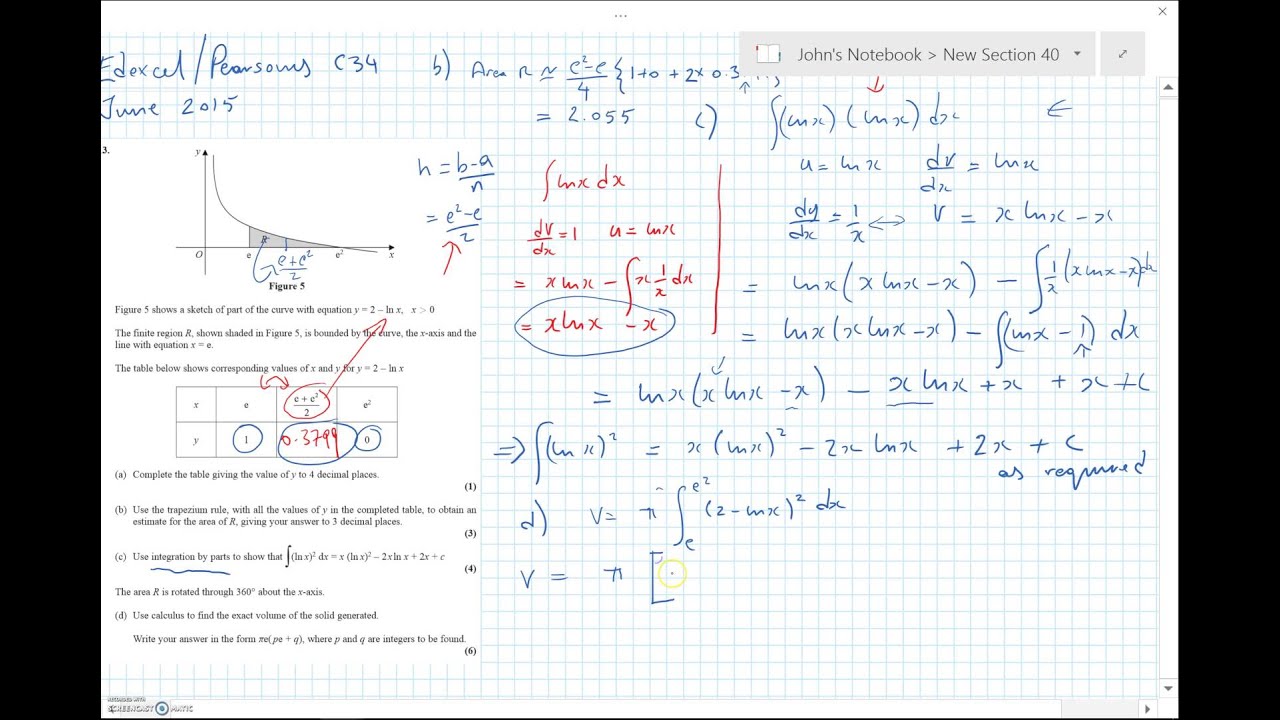 C34 Pearsons International June 15 Integration by parts trapezium rule and volumes of revolution