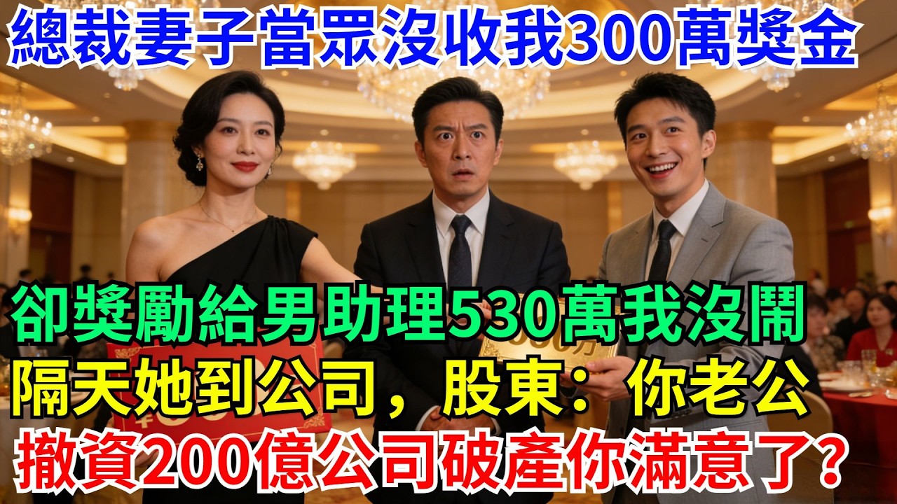 總裁妻子沒收我300萬獎金卻獎男助理530萬，隔天她剛到公司，股東：你老公撤資200億公司破產你滿意了？#職場 #故事#家庭#退休生活#情感 #爽文#情感故事#小說#逆襲#深夜故事#老人頻道 #完結