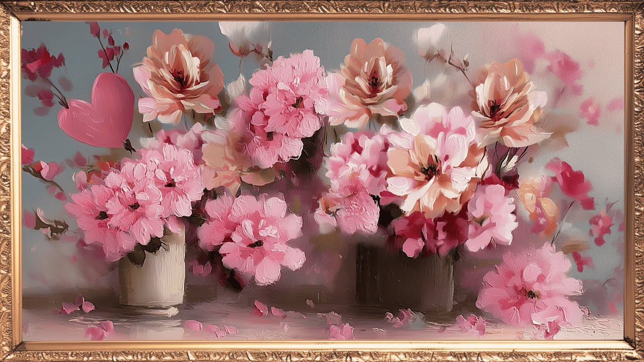 Romantic Pink Flowers & Heart | Valentine Frame TV Art (No Music) | Cozy TV Screensaver