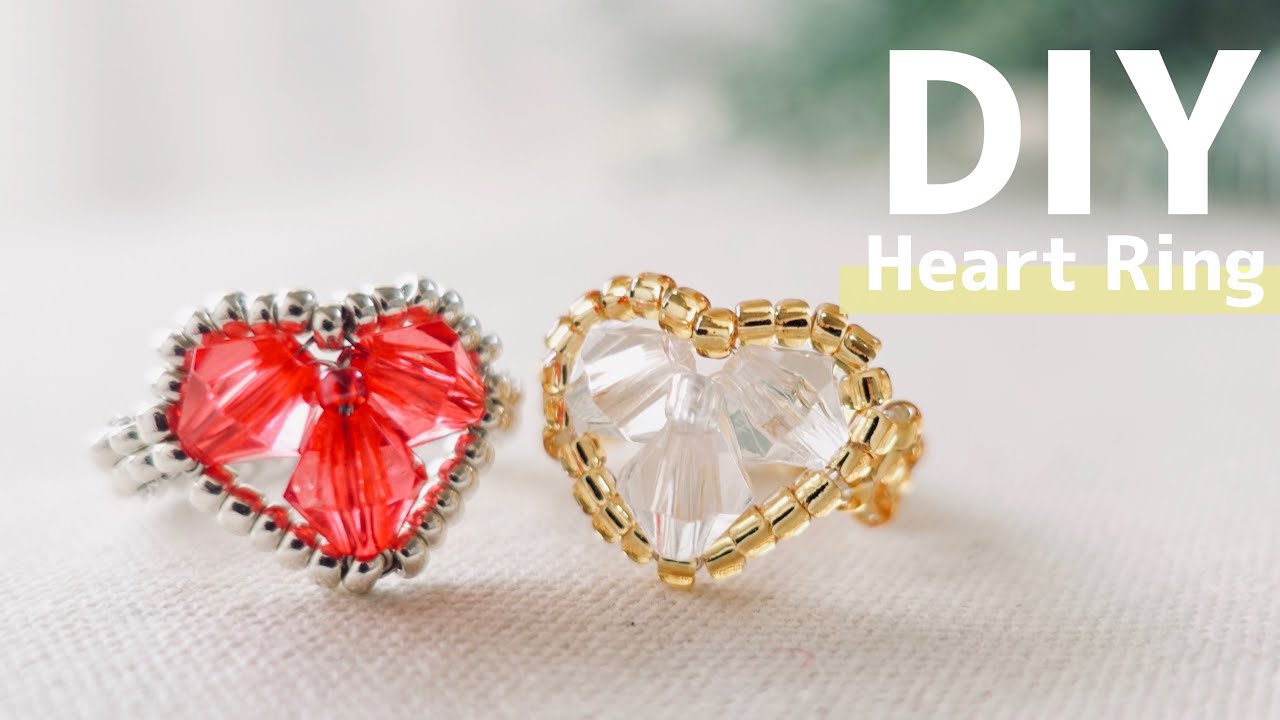 DIY💗How to make Beaded Heart Ring |tutorial|♡キラキラ♡ハートのビーズの指輪 作り方♪ ハンドメイドアクセサリー/キッズ/ビーズリング