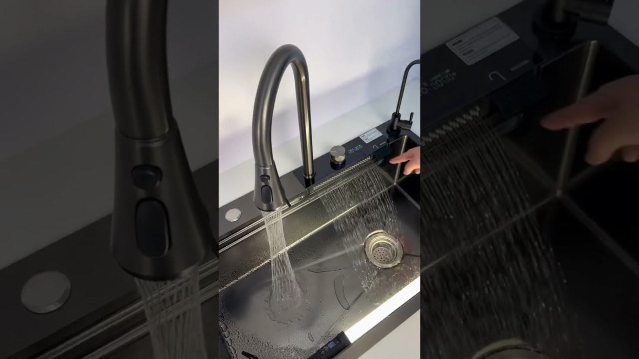 RHINE | Workstation Kitchen Sink Kit With Waterfall Faucet & Digital Temperature Display - SKS2304