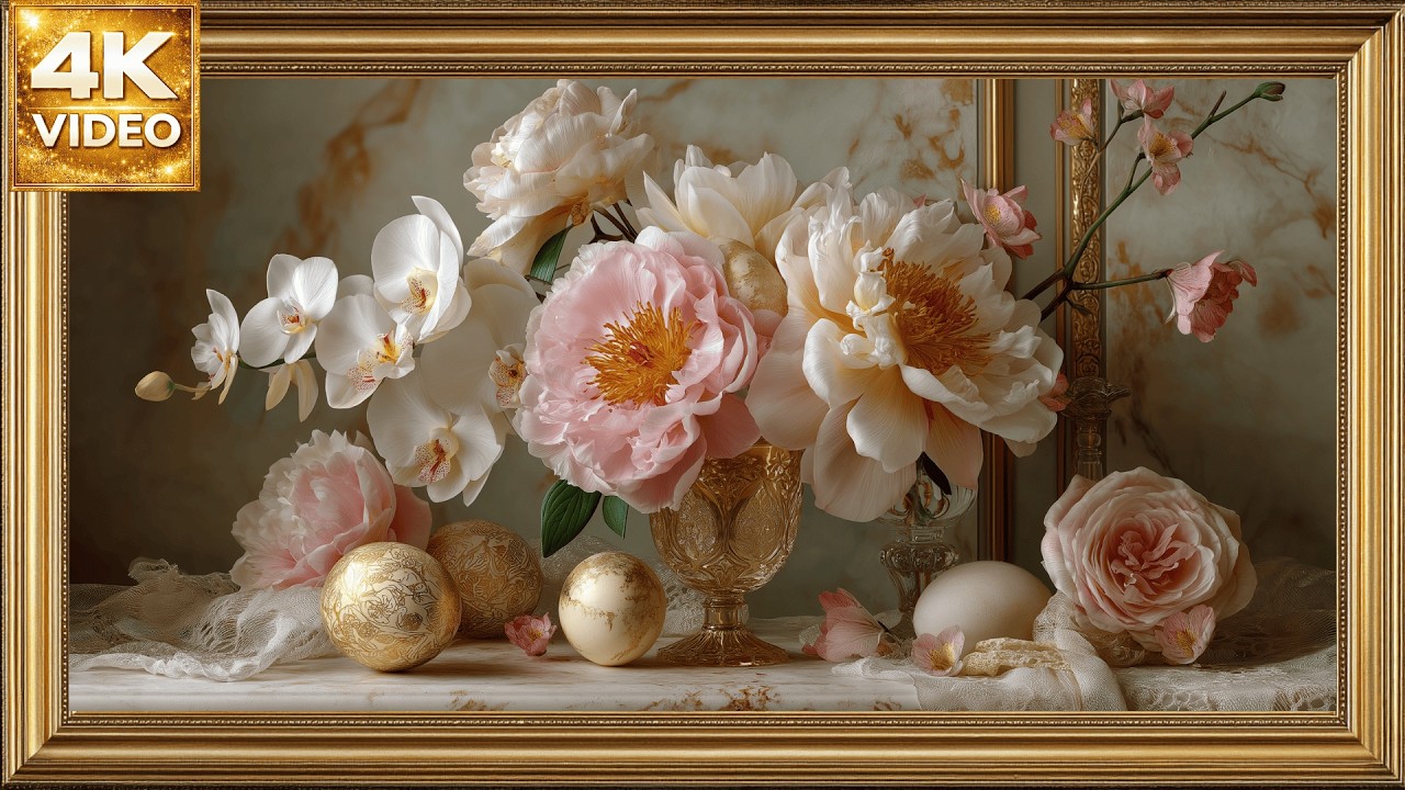 Pantalla Luxury 4K | Peonías y Orquídeas en Marco Dorado | Arte Floral Elegante para TV