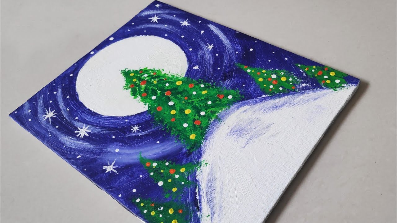 How to Paint Christmas Tree Scenery /MoonLight/Easy Christmas Landscape Painting/ Satisfying Demo