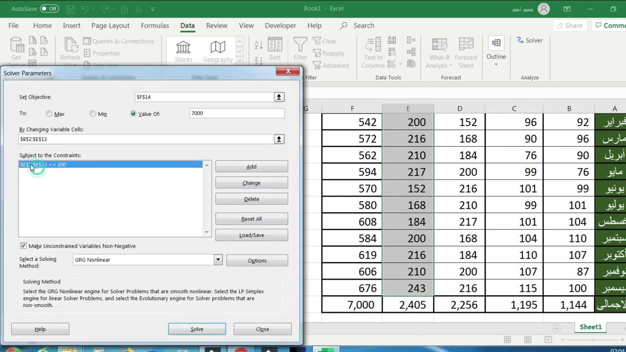 solver analysis تحليل البيانات للمساعدة فى اتخاذ القرارات فى الاكسيل عن طريقة تحليل سيلفر