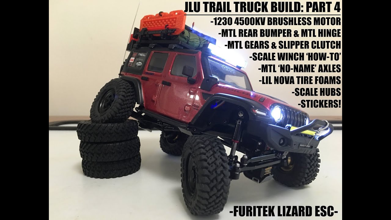 SCX24 Jeep JLU Trail Truck Build: Part 4 - Brushless 1230 4500kv, Link Riser, Bumper, Winch, Hubs...
