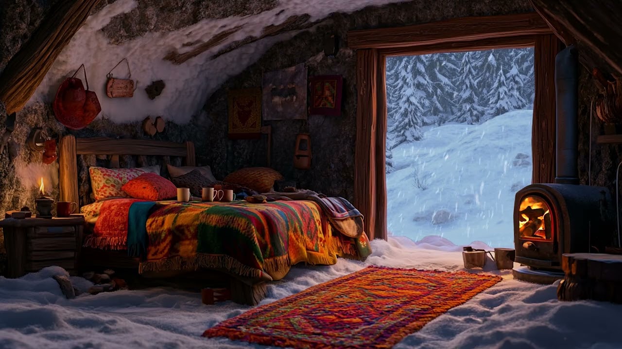 Snowstorm outside, warm fireplace inside. ASMR cave