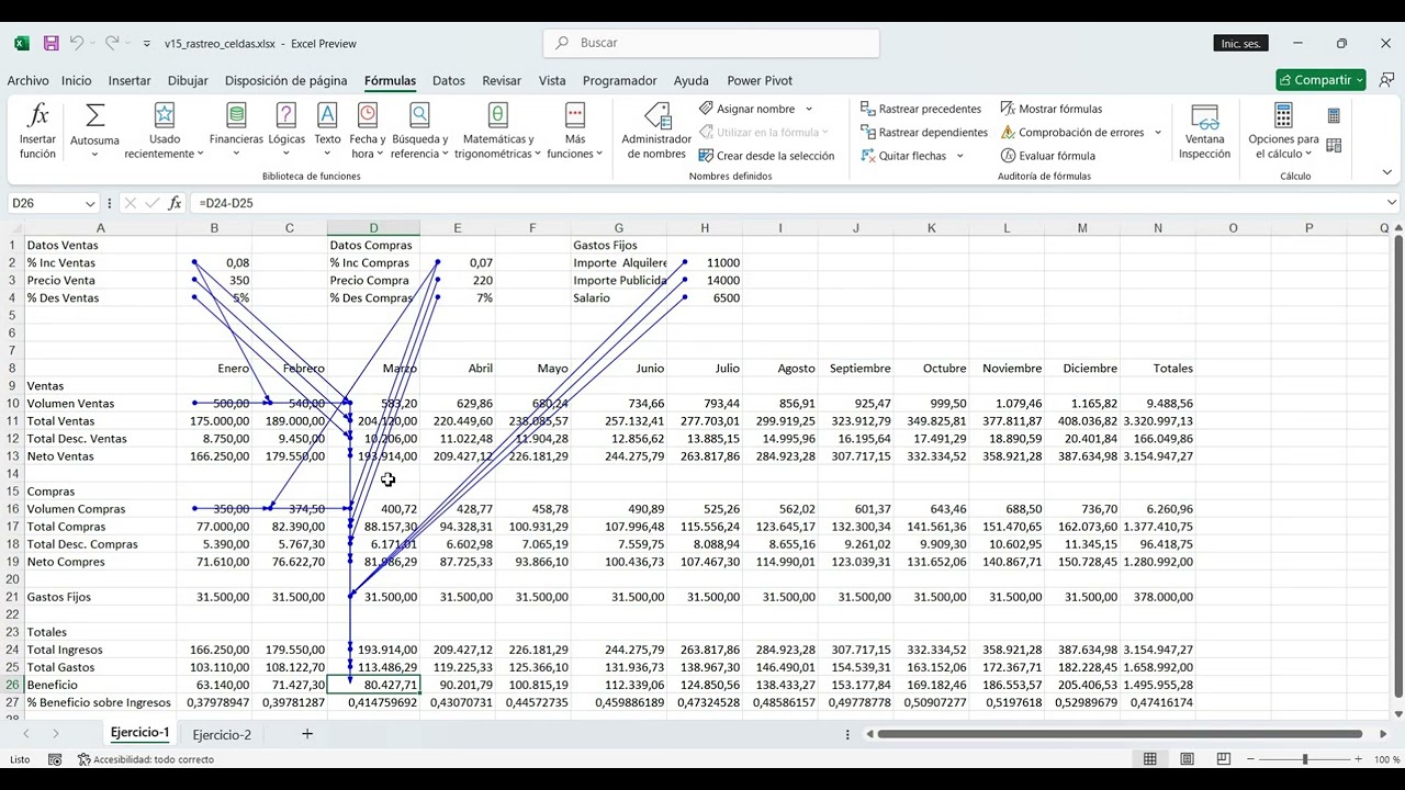Auditoría de fórmulas en Excel. Rastrear precedentes y dependientes.