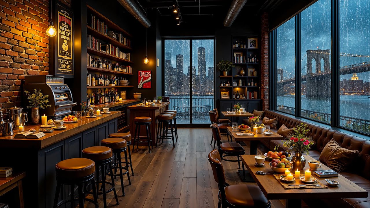 Rainy Cafe Shop Ambience in New York - Calm Jazz Music & Soothing Rain Sounds to Study, Work, Unwind