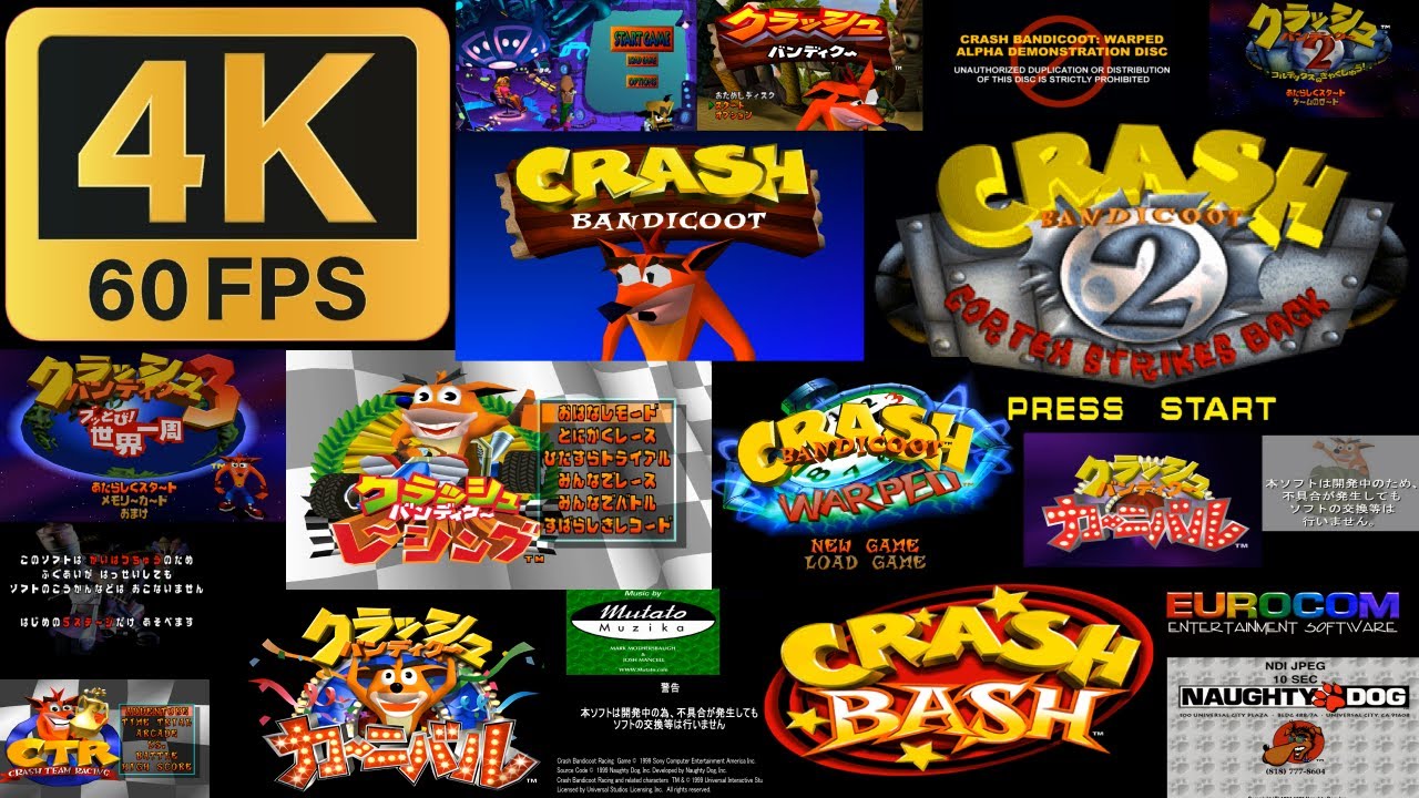 [4k60fps]クラッシュバンディクー オープニング集 (開発途中版含む) PS1 CrashBandicoot start up intros (Japan,America,Prototype)