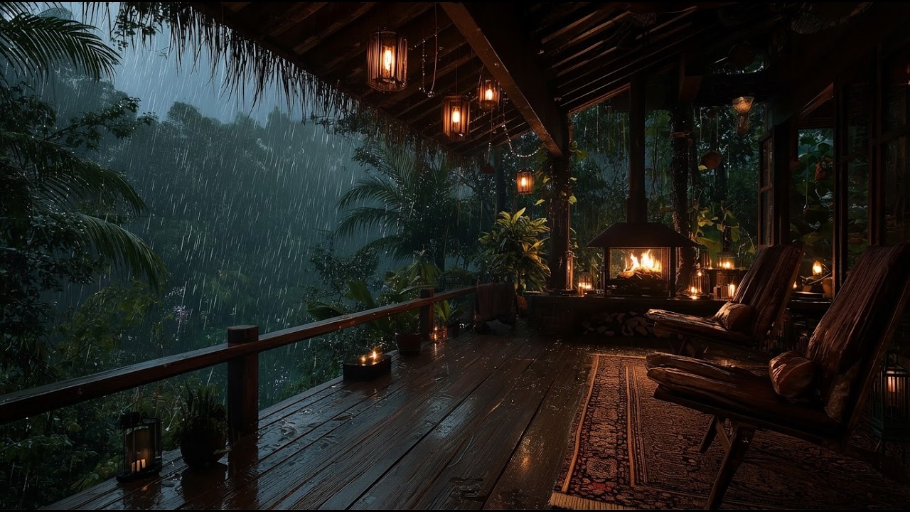 🔴 LIVE: 🌿Cozy Tropical Hut: Heavy Rain & Crackling Fireplace ASMR | Deep Sleep, Study & Relaxation