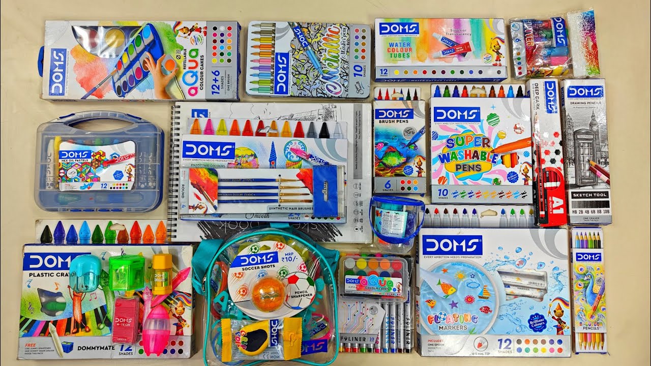 Unboxing DOMS Stationery items, sketch pens, molding dough, magic colour, crayons, drawing pencil