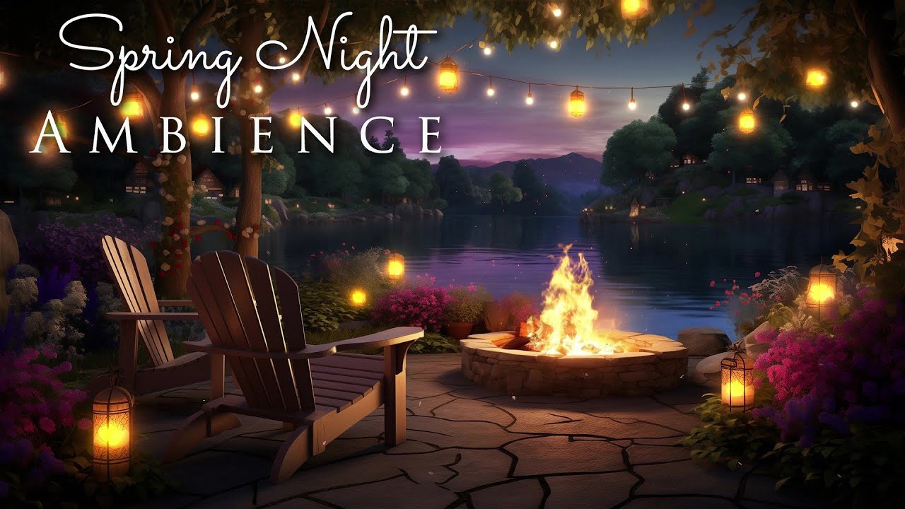 Spring Night Ambience 🔥🌟 Fireplace Sounds, Water and Crickets