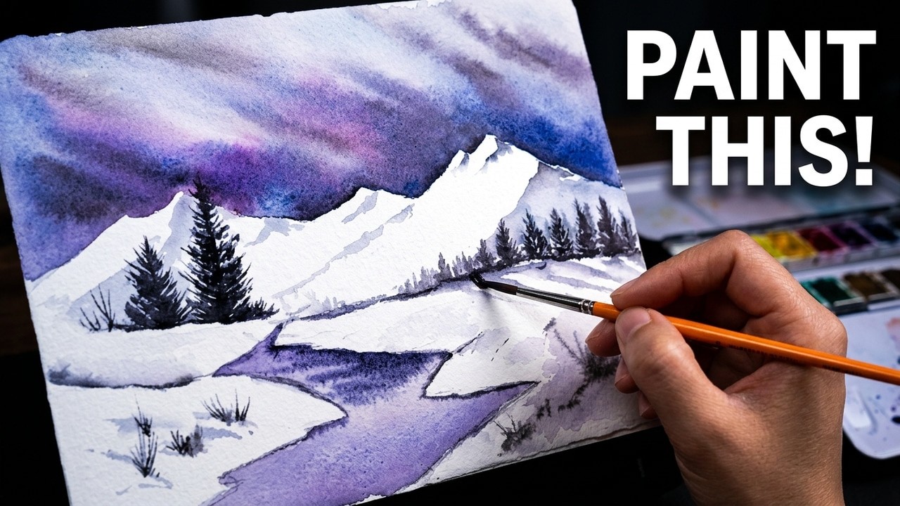 Relaxing Watercolor Winter Painting - Snowy Mountains and Pine Trees Tutorial