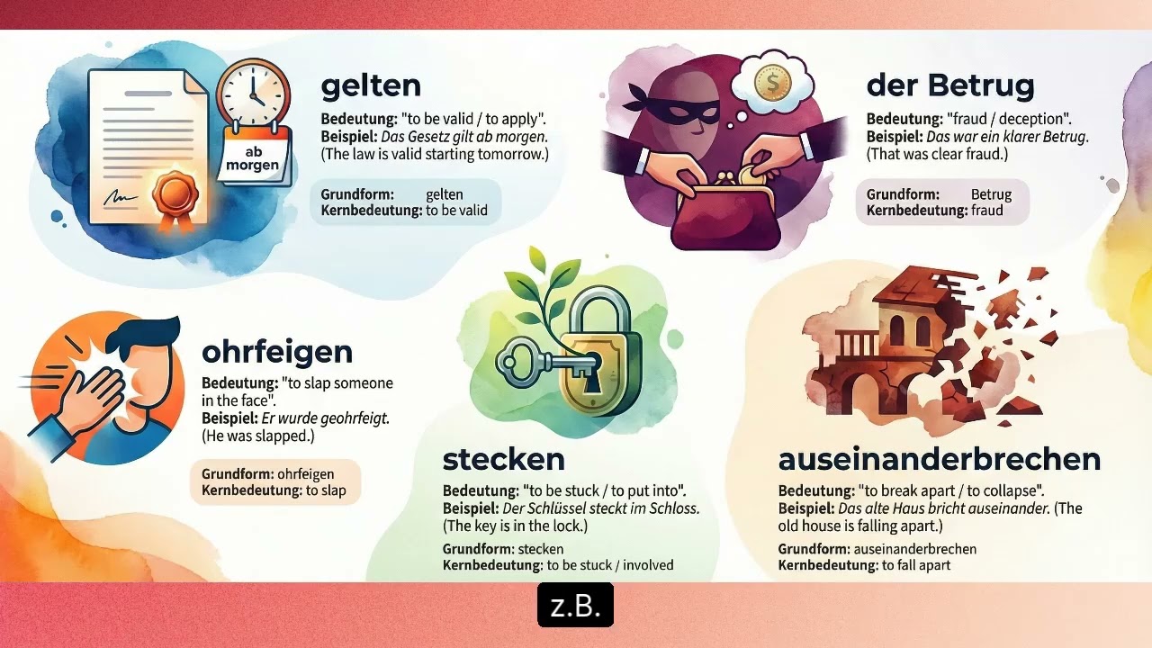 Learn German Words - geltan,Betrug,geohrfeigt,steckt,auseinanderbricht