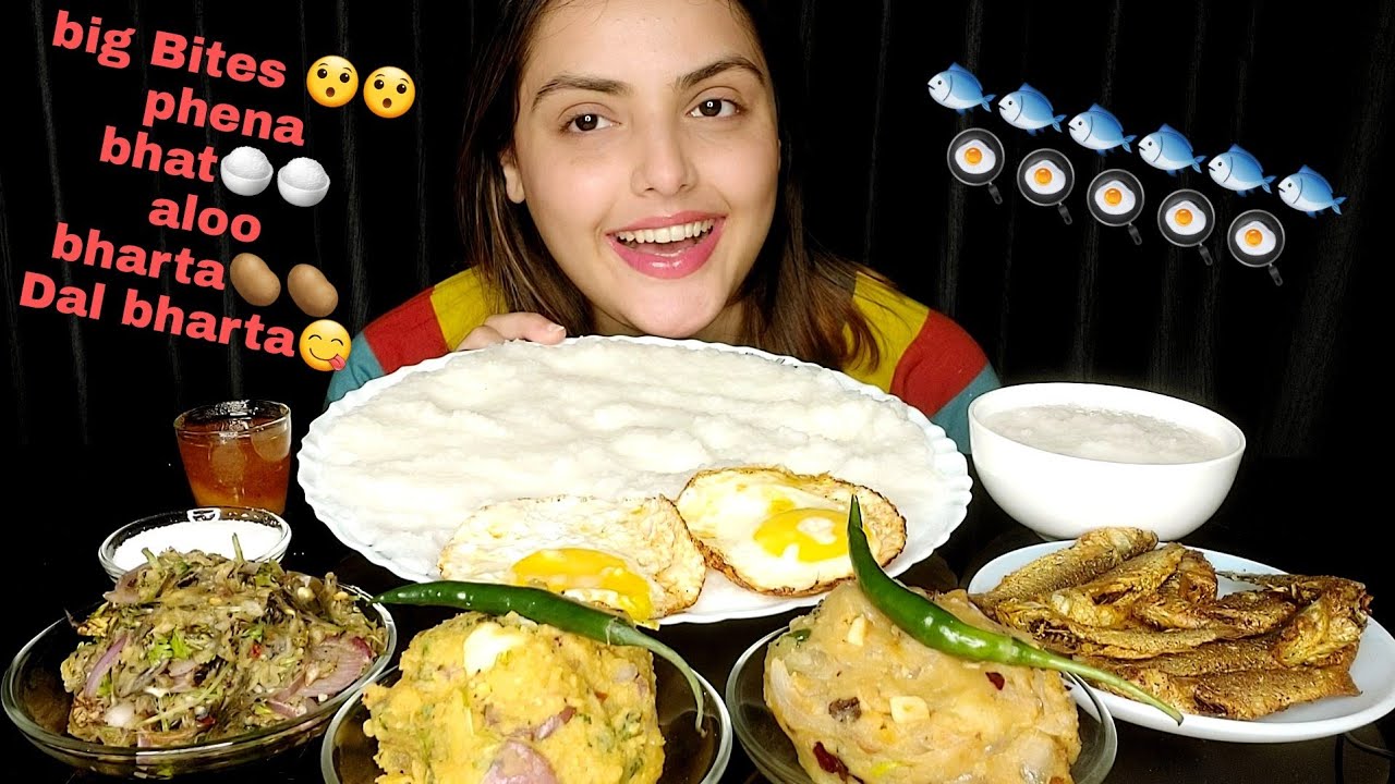 Eating Phena Bhat(Congee)With 3 Types of Bharta😋 | Fried Fish🐟 | Egg🍳 |  Big Bites | Messy Eating 😭