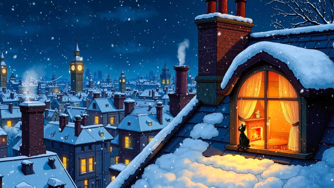 cozy snowy 1940s night ambience  vintage oldies music & crackling fireplace for sleep & relax