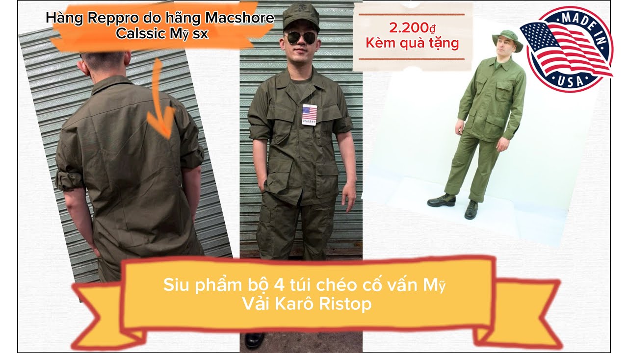 [13-3-26]Siu phẫm bộ 4 túi chéo Karô Ripstop do Mỹ sx Rep lại bảng 1970 mới tinh và quần lẽ ít gặp