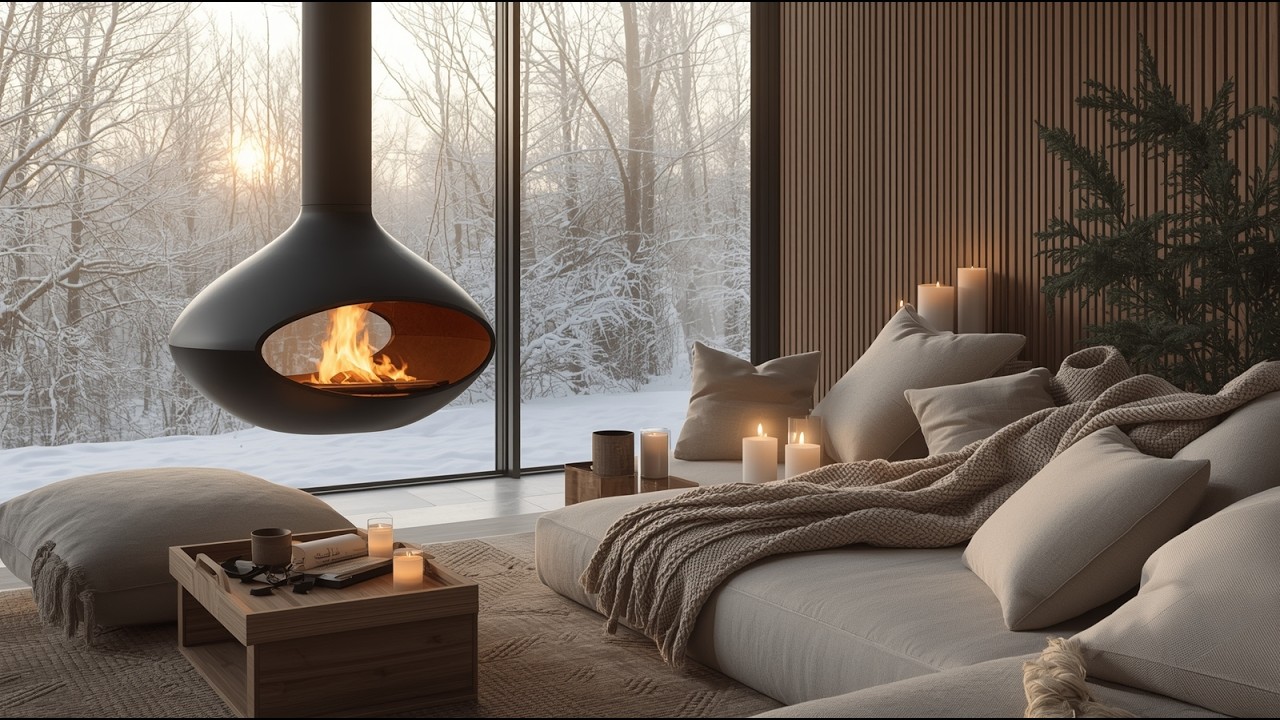 Snowy On Window & Fireplace Crackles in Cozy Living Room Ambience ❄️Gentle Piano for Calm and Relax