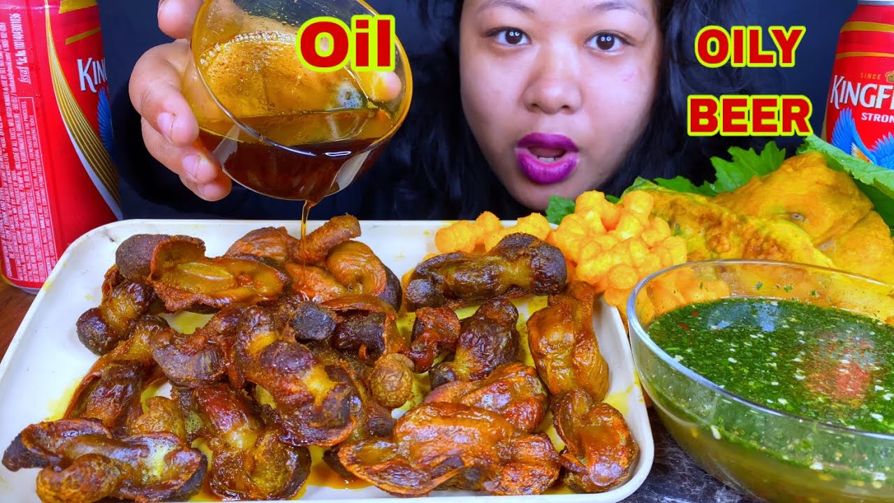 COOKING & EATING OIL, CHICKEN GIZZARD FRY WITH CHILLI SAUCE & BEER MUKBANG | SPICY CHICKEN MUKBANG