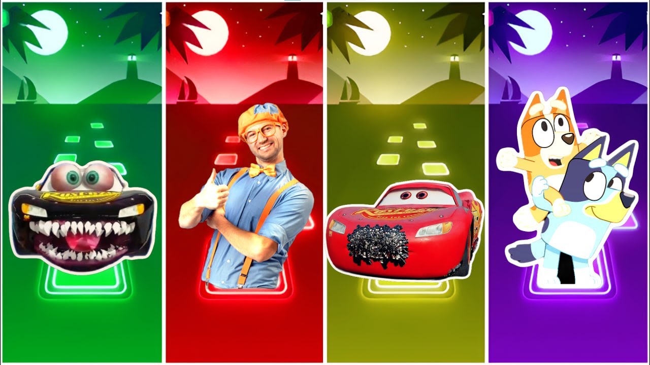 McQueen Eater  🆚 Bilippi 🆚 Bluey | Who Is Best?🎯 in Tiles Hop EDM Rush🎶