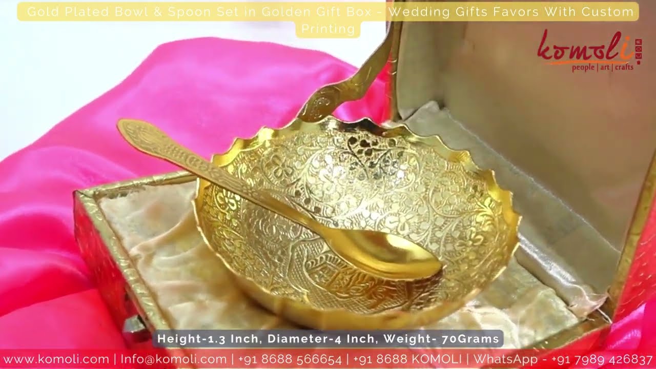 Gold Plated Bowl & Spoon Set in Golden Gift Box - Wedding Gifts Favors With Custom Printing