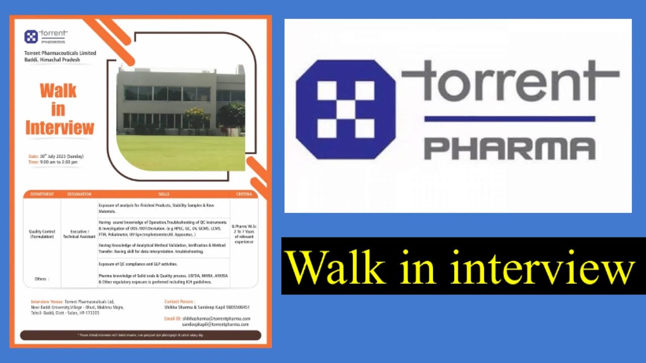 Torrent Pharmaceuticals Ltd walk in interview