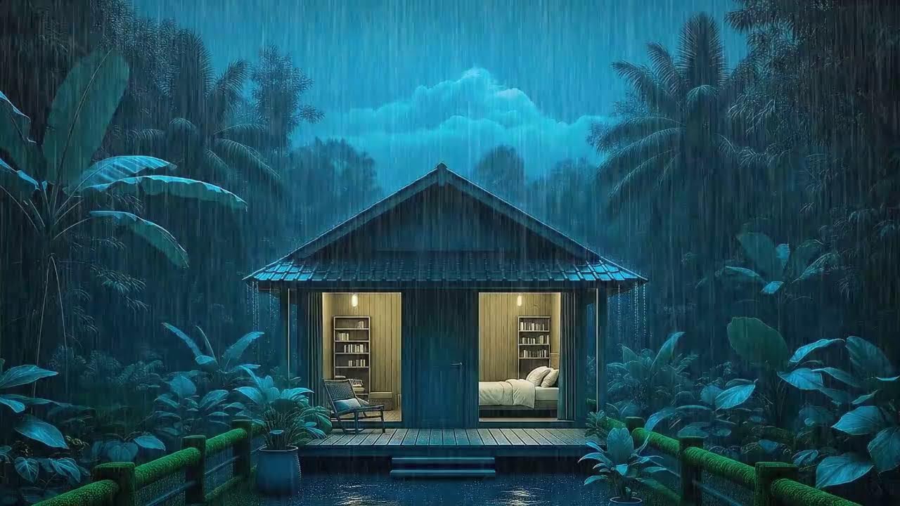 Heavy Rain and Distant Storm Ease Mind for Sleep in a Remote Jungle Cabin 🌧️