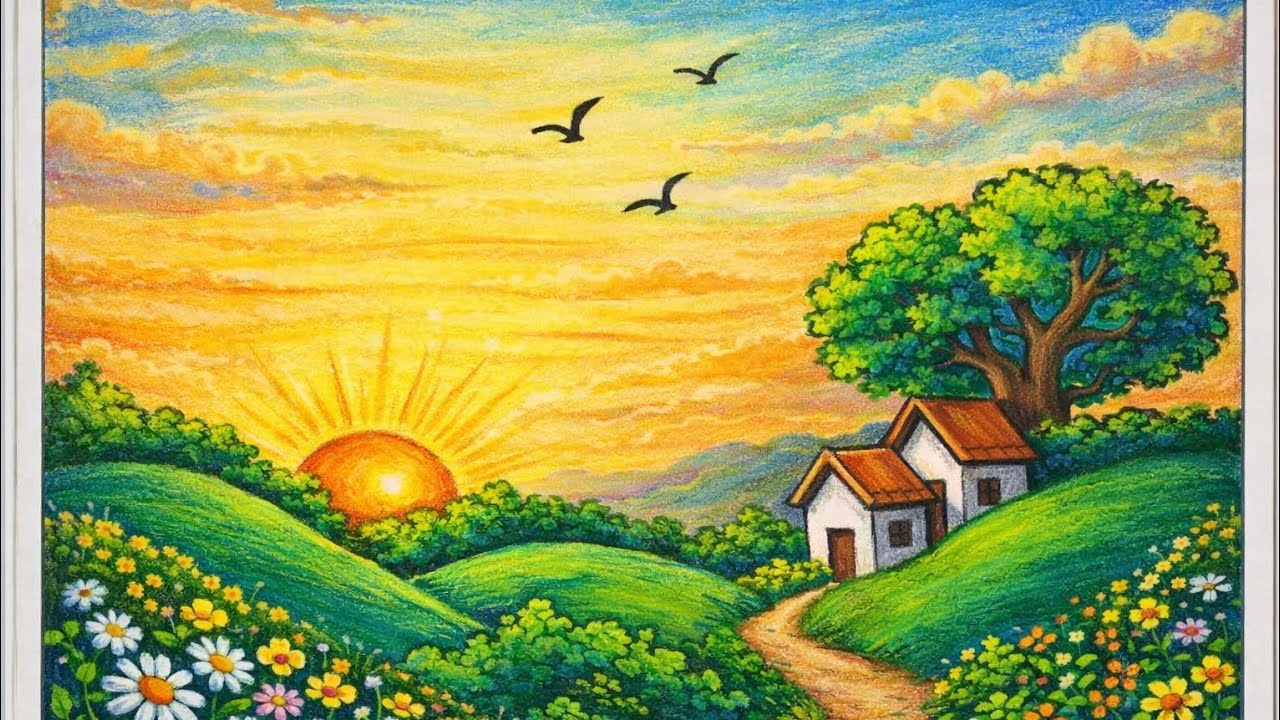 Beautiful village drawing with sunrise ||easy drawing 