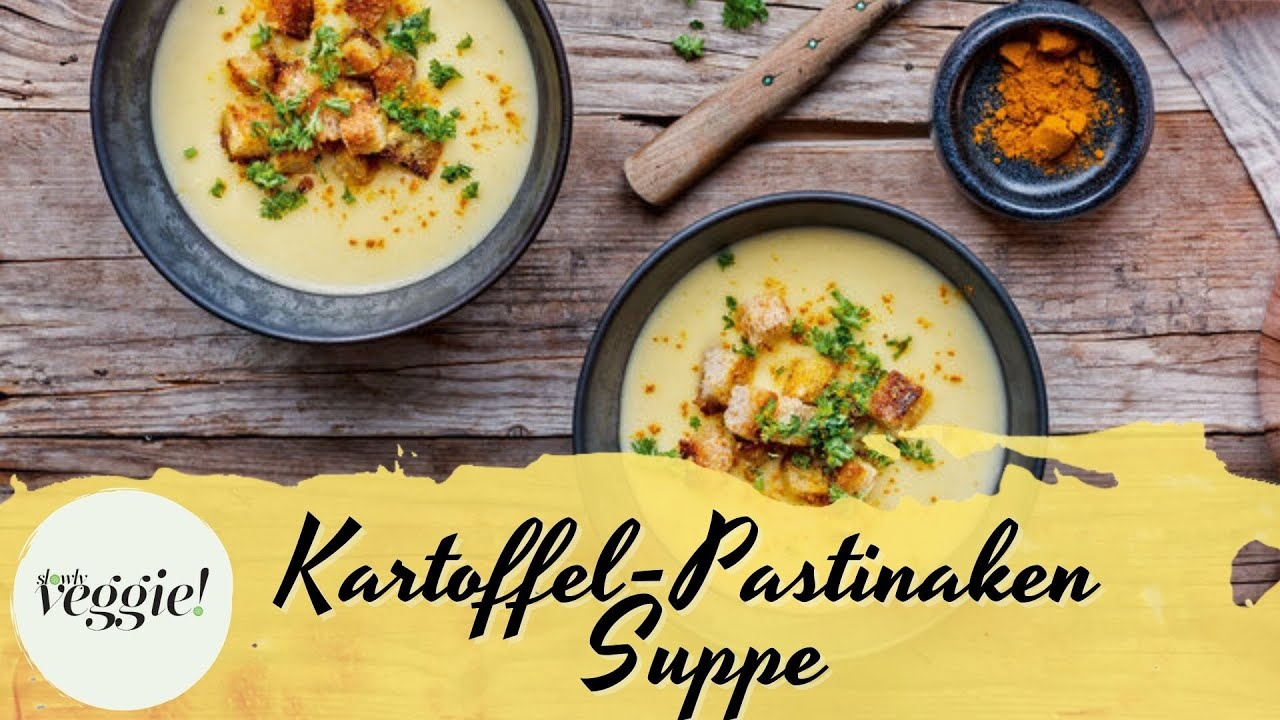 Kartoffel-Pastinaken-Suppe 🥔 – mit knusprigen Knoblauch-Croûtons – gesund & lecker I slowly veggie!
