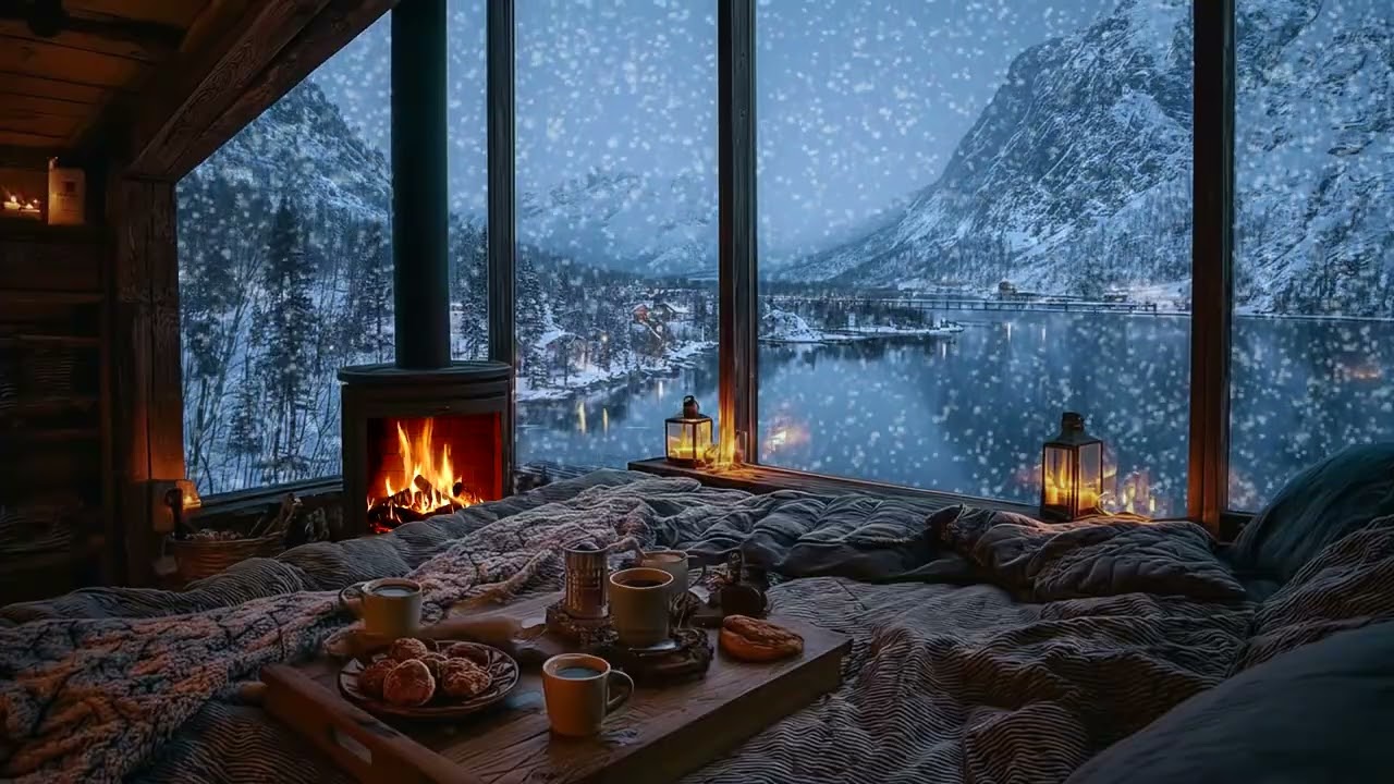 Calm Winter Snowstorm at a Mountain Cabin | Fireplace Sounds for Deep Rest and Relaxation