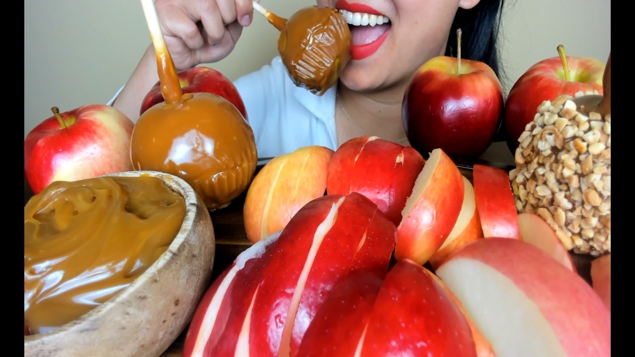 CARAMEL APPLE Crispy Crunchy Sticky ASMR Sounds