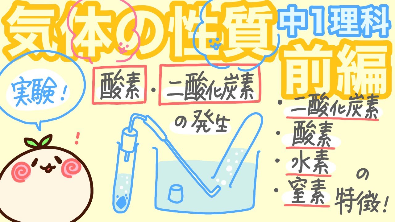 【中1理科c12】気体の性質（前編）酸素と二酸化炭素の発生！水素と窒素の性質も！