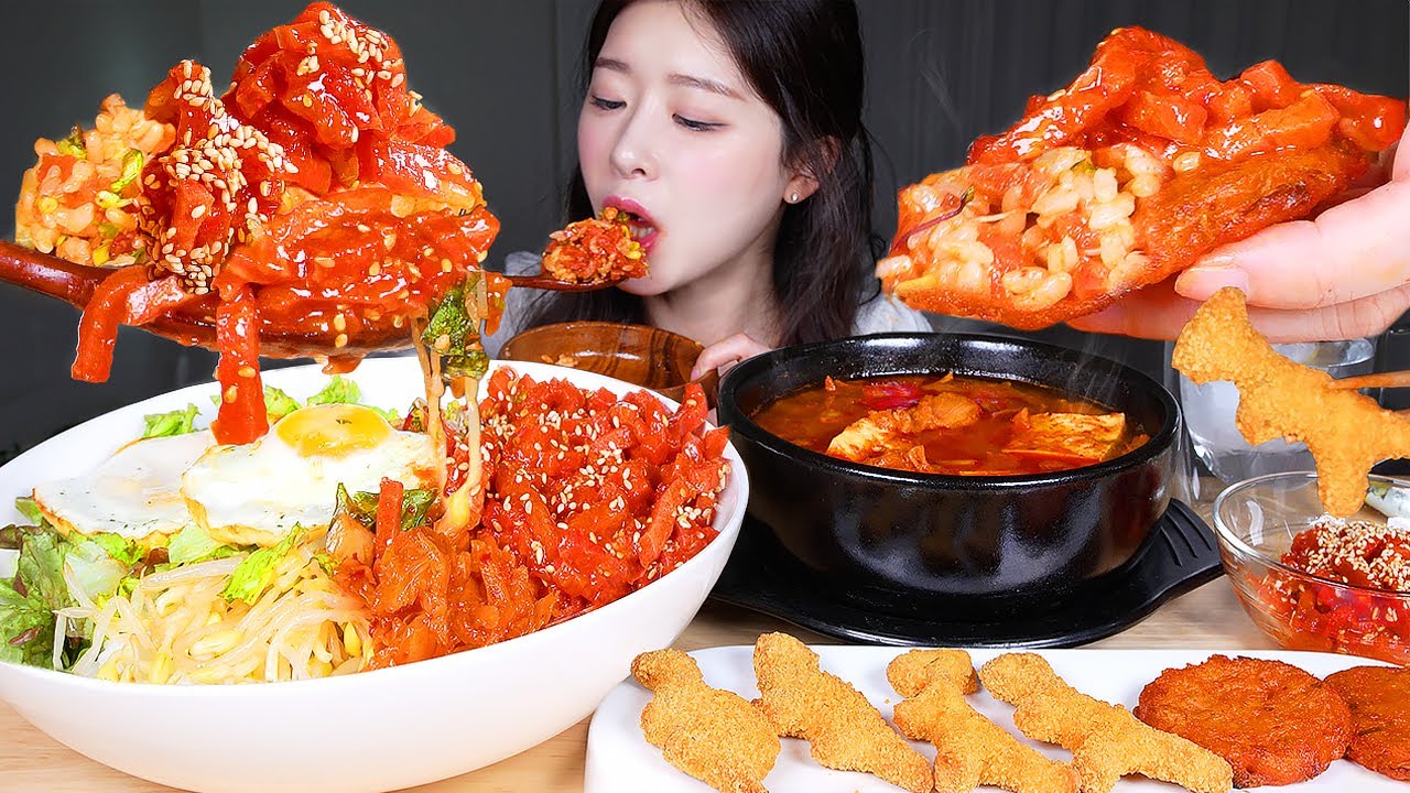 ASMR MUKBANG | Пибимбап из сырой говядины ★ Тушеное мясо кимчи, куриные наггетсы, блины кимчи!