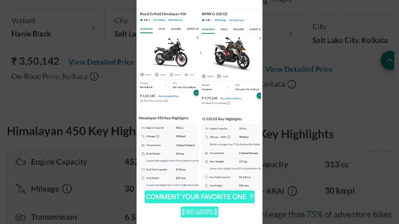 Himalayan 450 Vs BMW G 310 GS Full Comparison Review  #himalayan450 #gs310  #shorts #mileage #power