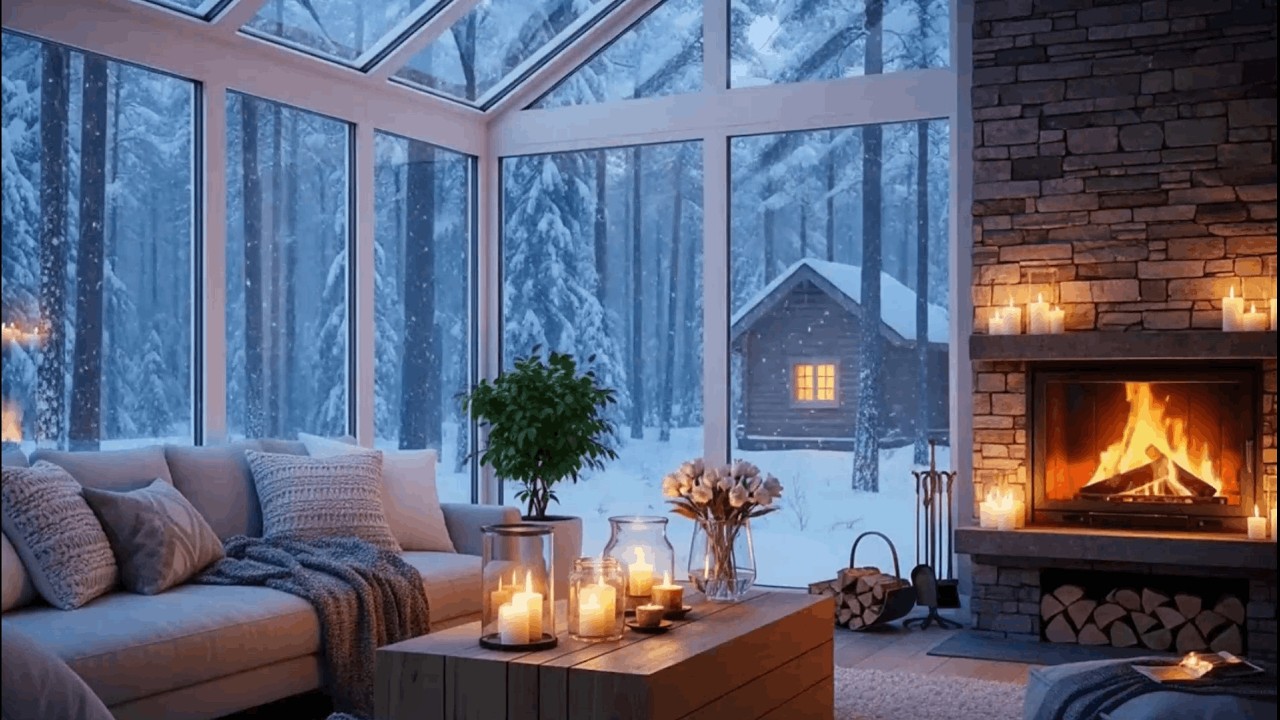 Cozy Snowy Cabin ❄️ Soft Piano Music & Fireplace Background Sounds