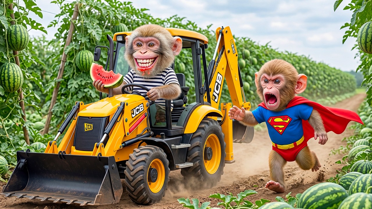 🔥 Baby Monkey Nana Uses JCB Excavator to Catch Thief in Watermelon Farm! 🍉🚜 | Epic Rescue Missi