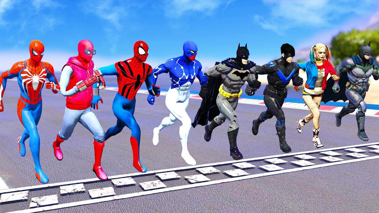 SPIDERMAN Team vs BATMAN Team Running Challenge ! SUPERHEROES vs GTA V SPIDERMAN Racing Competition